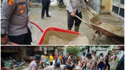 Kapolres Lhokseumawe Kerahkan Puluhan Personelnya, Bersihkan Sisa Lumpur di Keude Geudong
