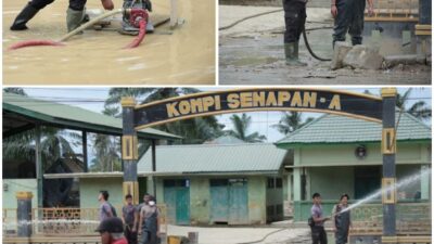 Polri Bantu Kuras Air Yang Merendam Kompi Senapan A Yonif 111 / Karma Bakti, Aceh Tamiang